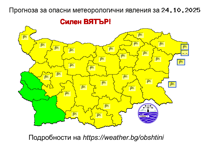 Жълт код за вятър в почти цяла България