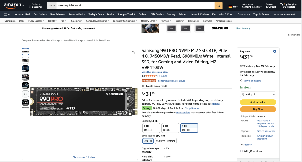 Цената на Samsung 990 pro 4TB в amazon.de